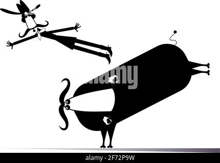 Farmer or cowboy and angry bull illustration. Frightened long mustache farmer or cowboy in cowboy hat falls from the angry bull black on white Stock Vector