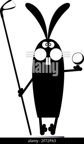 Cartoon rabbit plays golf illustration  Funny rabbit with a golf club and golf balls black on white Stock Vector