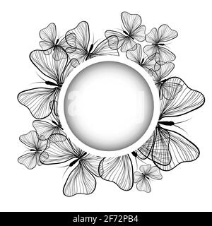 Round frame with monochrome butterflies . Vector illustration Stock Vector