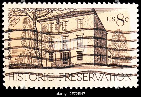 MOSCOW, RUSSIA - JANUARY 12, 2021: Postage stamp printed in United States shows Decatur House, Washington, D.C., Historic Preservation Issue serie, ci Stock Photo