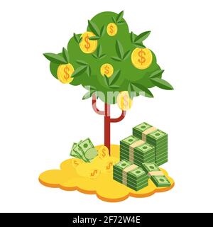 Pile of money and money tree. Huge packs of paper money. Stock Vector