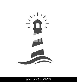 Lighthouse black vector icon. Beacon tower at sea with wave symbol. Stock Vector