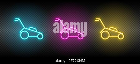 garden, lawn, mower vector icon yellow, pink, blue neon set. Tools vector icon on dark transparency background Stock Vector