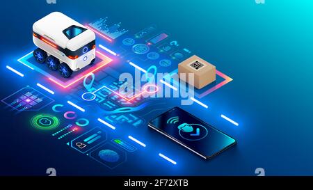Autonomous robot on wheels delivers purchases home. The automatic drone rover route on city map to buyer. Automated courier delivery service for purch Stock Vector