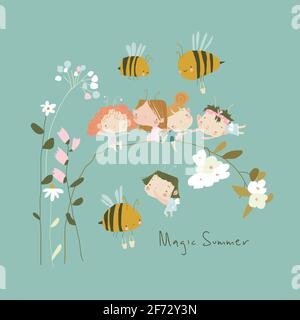 Cute little cartoon fairies sitting on flowers Stock Vector