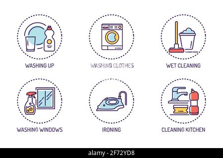 Cleaning services color icons set. Housekeeping.. Pictogram for web page, mobile app, promo. Stock Vector