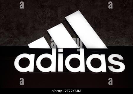 Russia, Kaliningrad - 02.15.2021 - store Close up of Adidas on black background. Adidas designs and manufactures sports clothes Stock Photo - Alamy