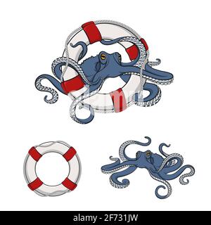 Set of color images of octopus in the lifeline. Isolated vector objects on white. Stock Vector