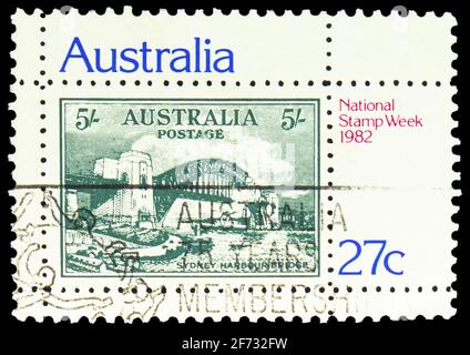 MOSCOW, RUSSIA - JANUARY 12, 2021: Postage stamp printed in Australia shows Sydney Harbour Bridge 5/- Stamp of 1932, National Stamp Week serie, circa Stock Photo