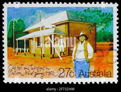 MOSCOW, RUSSIA - JANUARY 12, 2021: Postage stamp printed in Australia shows Alice Springs, Post Offices serie, circa 1982 Stock Photo