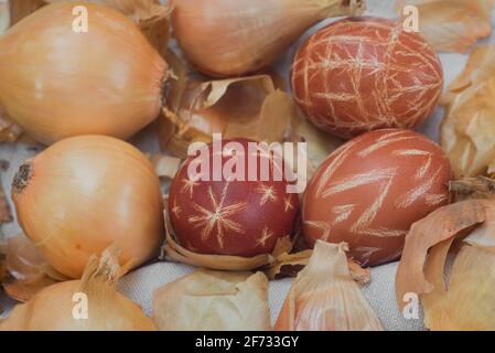easter eggs dyed in onion shells closeup selective focus Stock Photo