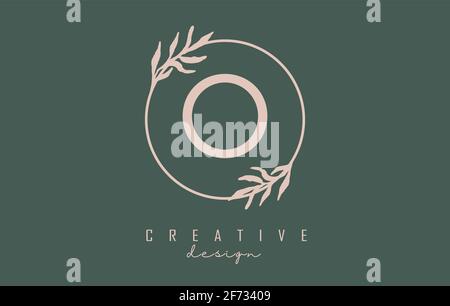 Letter O Logo with circle frame and pastel leaves design. Rounded vector illustration with letter O and pastel leaf for beauty, fashion, jewelry, luxu Stock Vector