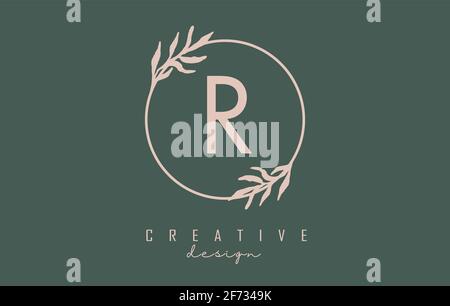 Letter R Logo with circle frame and pastel leaves design. Rounded vector illustration with letter R and pastel leaf for beauty, fashion, jewelry, luxu Stock Vector