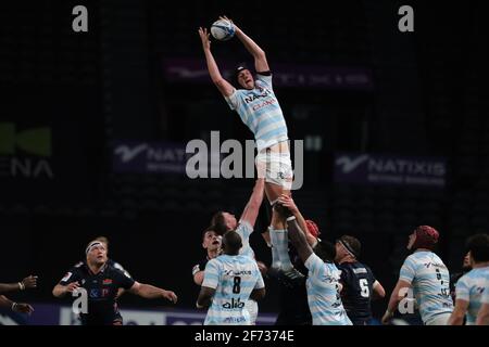 Nanterre, Hauts de Seine, France. 4th Apr, 2021. Racing 92 Flanker BAPTISTE CHOUZENOUX in action during the round of 16 of the the Heineken Champions Cup between Racing 92 and Edinburgh Rugby at Paris La Defense Arena stadium in Nanterre - France.Racing 92 Won 56:3 Credit: Pierre Stevenin/ZUMA Wire/Alamy Live News Stock Photo