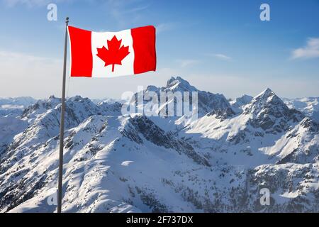 Canadian National Flag Overlay. Mountain Landscape in Winter. Stock Photo