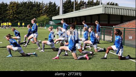 LOUGHBOROUGH, UK: London warmup ahead of the FA Women's Championship match between Leicester City and London Lionesses at Farley Way Stadium, Quorn, Loughborough on Sunday 4th April 2021. (Credit: James Holyoak | MI News) Credit: MI News & Sport /Alamy Live News Stock Photo