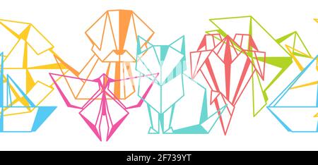 Seamless pattern with origami toys. Folded paper objects. Stock Vector