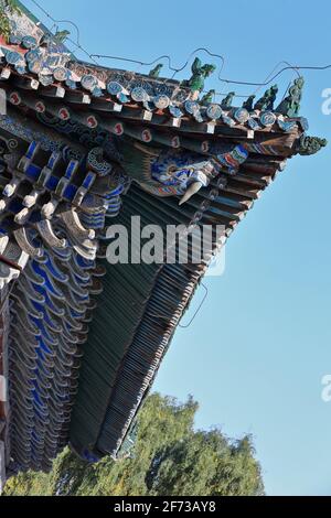 Timber framework-polychrome beams-ridge beasts-SE.roof corner-Art Exhibition Hall. DafoSi-Great Buddha Temple-Zhangye-Gansu-China-1273