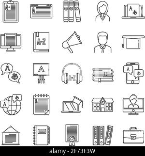 Modern foreign language teacher icons set, outline style Stock Vector