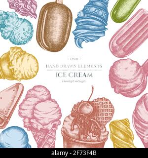 Design with pastel colored ice cream bowls, ice cream bucket, popsicle ice cream, ice cream cones, ice cream scoop, ice cream balls Stock Vector