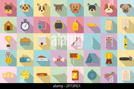 Dog handler icons set, flat style Stock Vector
