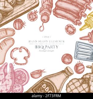 Design with pastel colored spatula, Pork ribs, kebab, sausages, steak, sauce bottles, grilled burger patties, grilled tomato, grilled salmon steak Stock Vector