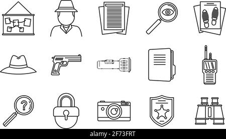 Police investigator icons set, outline style Stock Vector