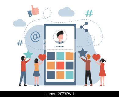 People watching blog in the internet, like and subscribe to blogger profile vector flat illustration. Podcast, video blog, internet blog, streaming service, social media concept. Stock Vector