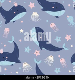 Seamless patterns with sea animals. Cute blue whales, jellyfish and starfishes on light purple background. Vector. For design, decor, printing Stock Vector