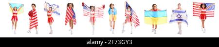 Collage of emotional cheerleaders with different flags on white background Stock Photo