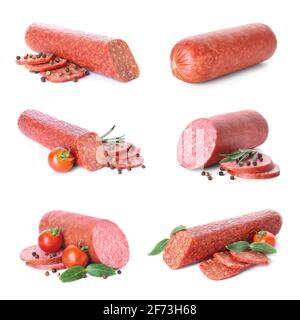 Collage of tasty smoked sausages on white background Stock Photo