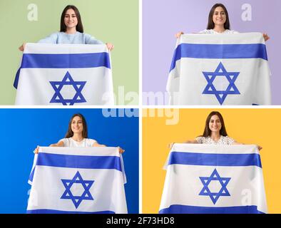 Collage with young woman holding flag of Israel on color background Stock Photo