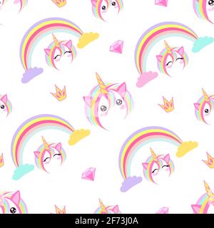 Seamless pattern with cute magical unicorns in the sky with colorful clouds and rainbows. Vector illustration. Stock Vector