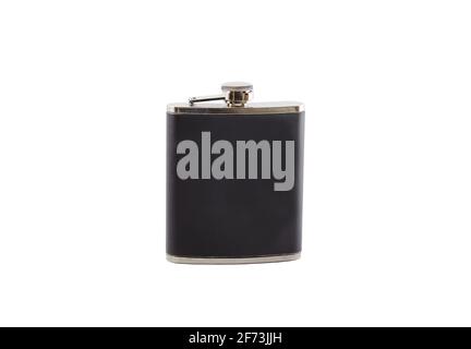 Black leather lined Hip flask isolated on white background with clipping path. Copy space, no shadows Stock Photo