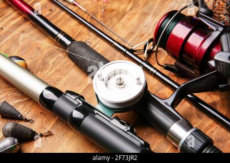 Fishing supplies handmade. Round spools for Fishing. Round Styrofoam Spools  Reels for Fishing. Fishing accessories on a grey background Stock Photo -  Alamy