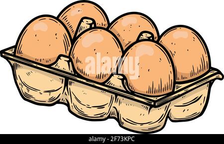 Illustration of paper box with chicken egg in engraving style. Design element for poster, card, banner, sign. Vector illustration Stock Vector