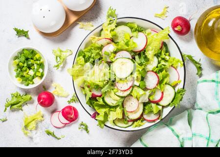 Fresh Spring Detox Mix Salad With Vegetables (cucumber, Lemon, Tomato 