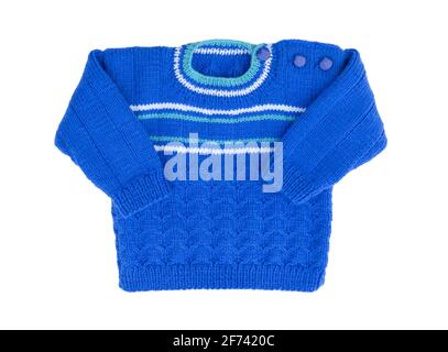 Sweater isolated on white background. Children warm pullover.  Warm blue winter knitted sweater with a pattern. Stock Photo