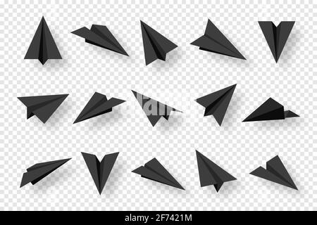 Realistic black handmade paper planes isolated on transparent background. Origami aircraft in flat style. Vector illustration. Stock Vector