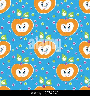 blue Seamless pattern with funny apples. vector. Stock Vector