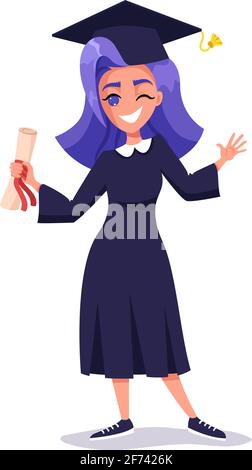 Happy Graduate Student Girl in an academic cap and mantle holding diploma, smiling and celebrating graduation Stock Vector