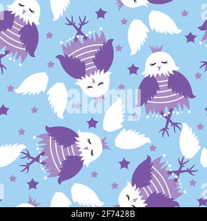 seamless pattern with white owls and stars. vector Stock Vector