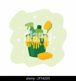 A set of cleaning products. Illustration with green plastic bucket, sponge, rubber gloves and detergents. Stock Vector