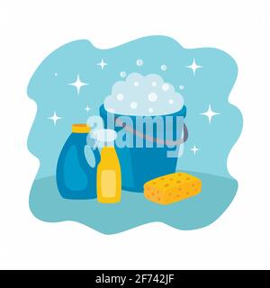 A set of cleaning products. Illustration with blue plastic bucket, sponge and detergents. Stock Vector