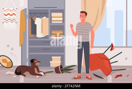 People scold dog pet behavior problem vector illustration. Cartoon young angry man character scolding doggy for messy chaos in bedroom, naughty Stock Vector