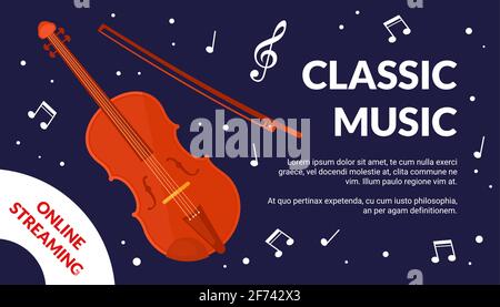 Classical music festival event flyer, acoustic violin musical instrument and notes Stock Vector