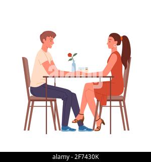 Couple people meet on date, happy loving pair of man woman sitting at table together Stock Vector