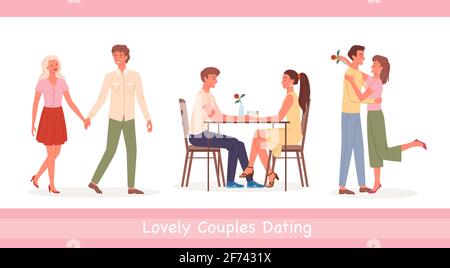 Couple people meet on date vector illustration. Cartoon happy loving pairs of men women characters sitting at table in cafe together and holding hands Stock Vector