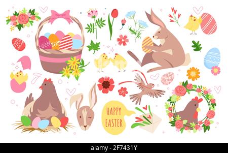 Cartoon funny spring collection with bunny animal, hen in nest, basket with eggs and chickens, garden flowers in easter wreath holiday greeting Stock Vector