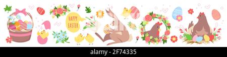 Cute easter set, funny spring collection with bunny animal, hen in nest, basket with eggs Stock Vector